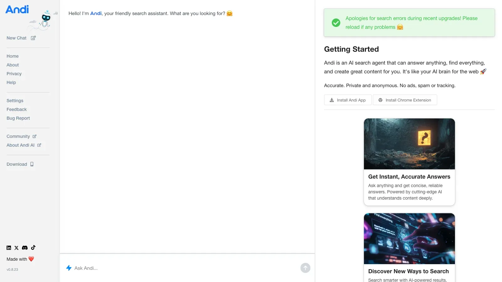 Andi official website screenshot