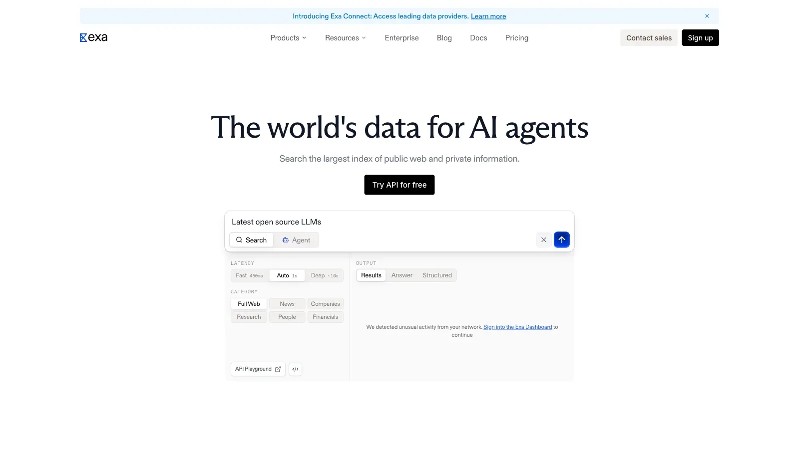 Exa official website screenshot
