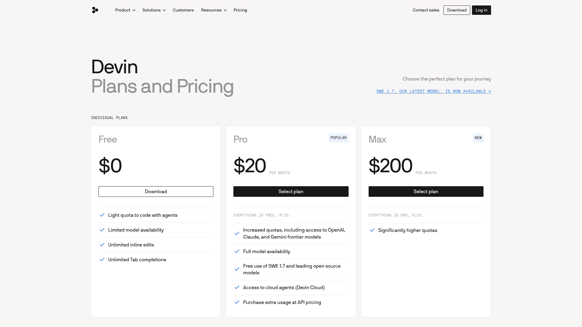 Devin Desktop pricing page screenshot