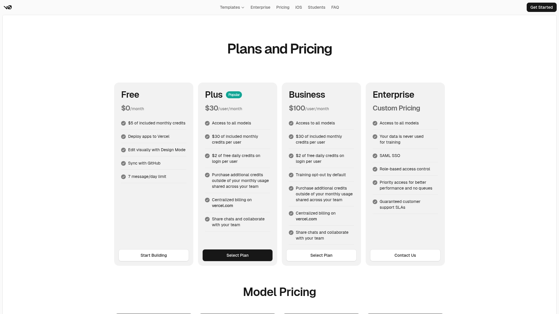 v0 by Vercel pricing page screenshot