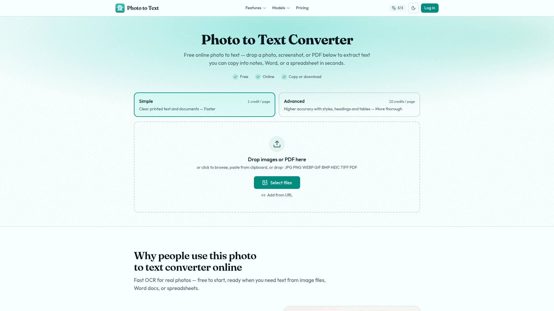 Photo to Text Converter homepage screenshot